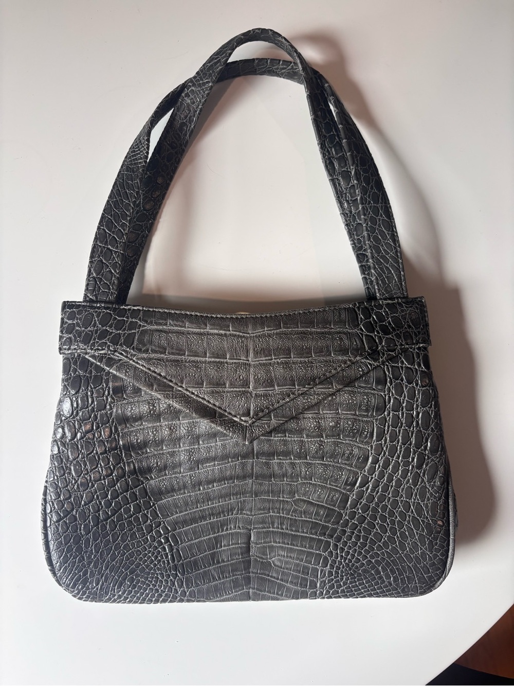 Textured grey Croc-Embossed Shoulder Bag